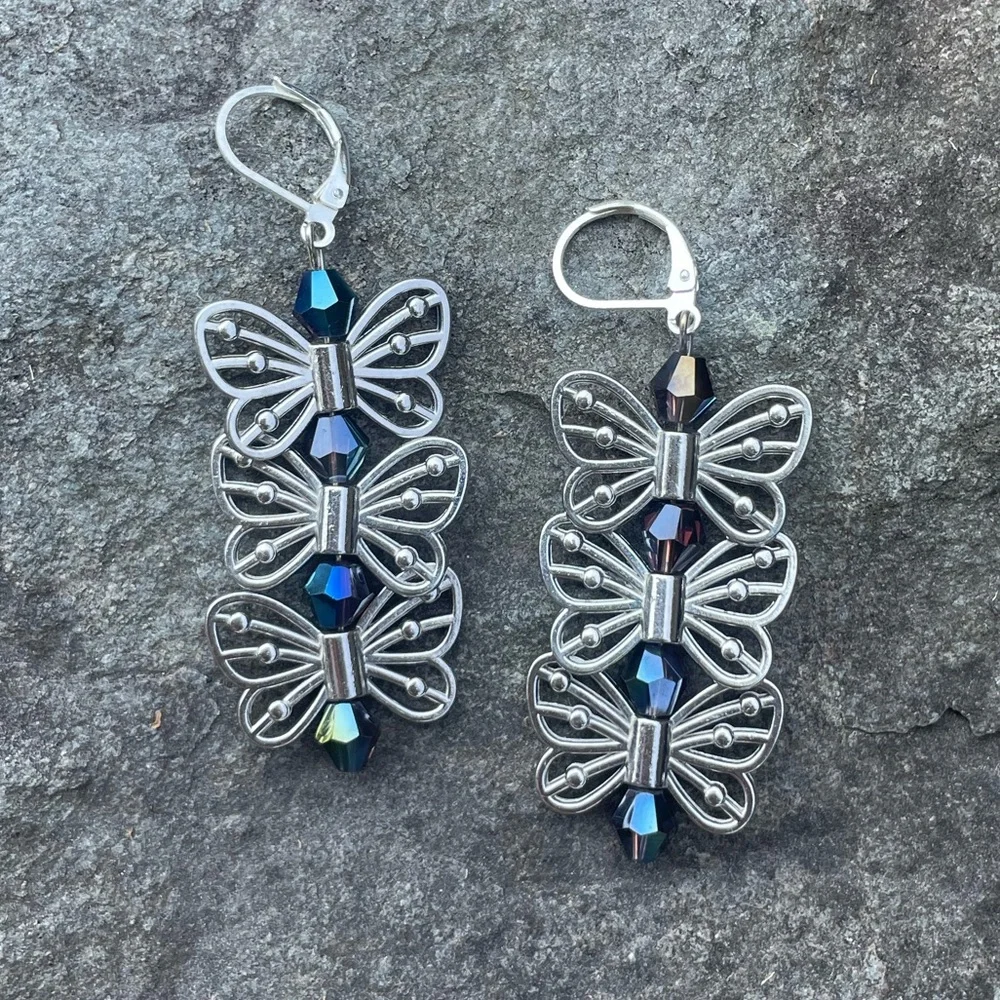 Silver Butterfly Dangly Crystal Drop Earrings